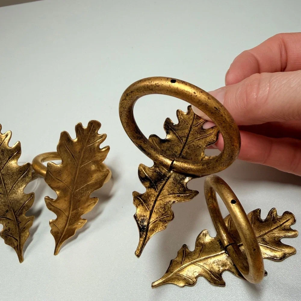 Set of 4 Antique Gold Oak Leaf Napkin Rings Rustic Fall Thanksgiving Decor Metal